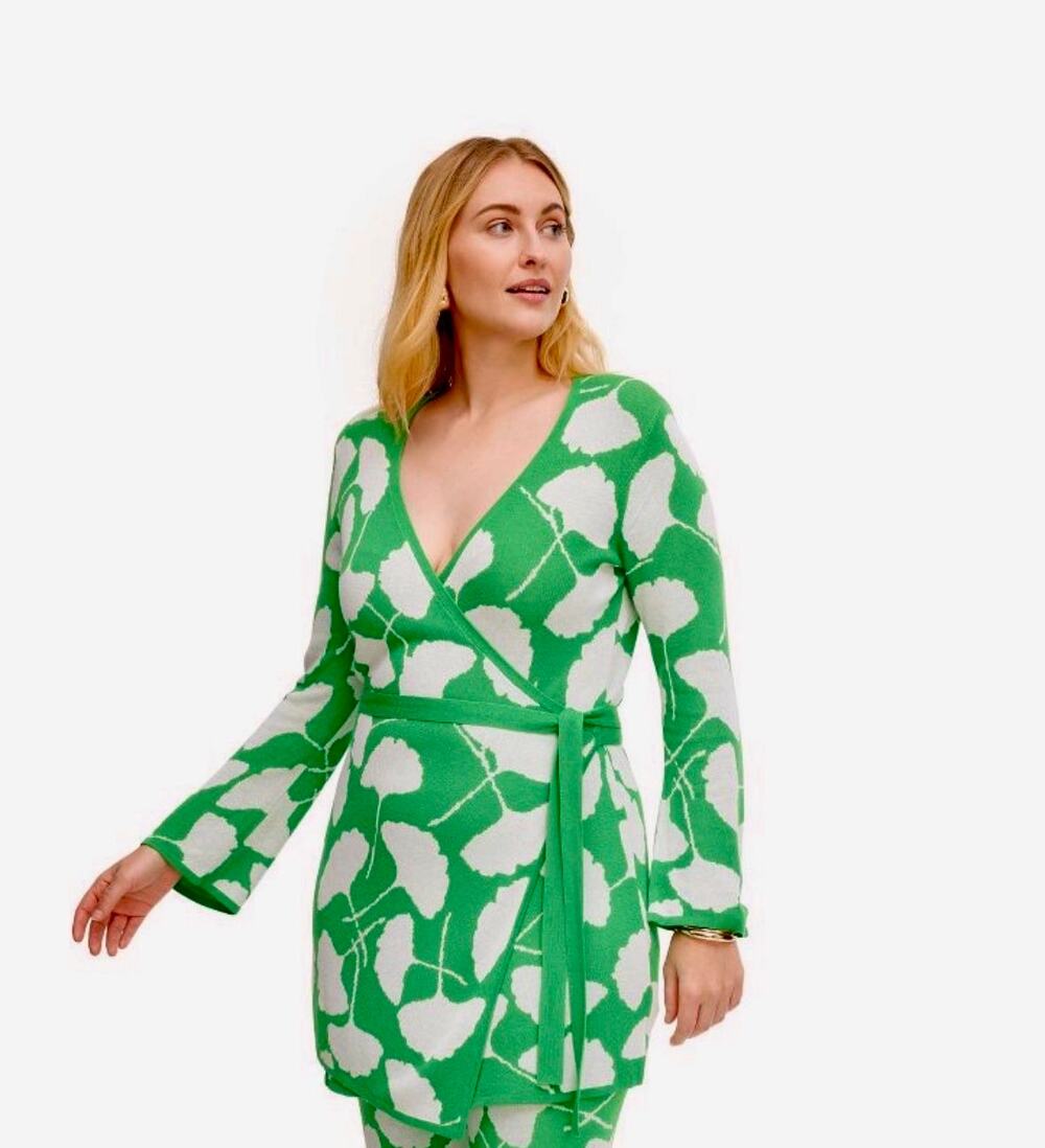 DIANE VON FURSTENBERG Target Green White Leaf Print Wrap Cardigan Sweater Small